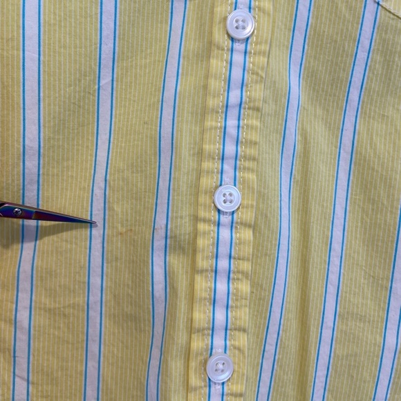 L.L. Bean Size XL Yellow Turquoise Stripe Short Sleeve Cotton Button Down Shirt - Picture 10 of 12